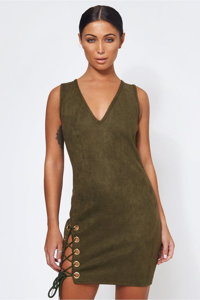 Khaki Suede Lace Up Mini Dress