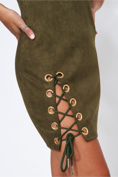 Khaki Suede Lace Up Mini Dress