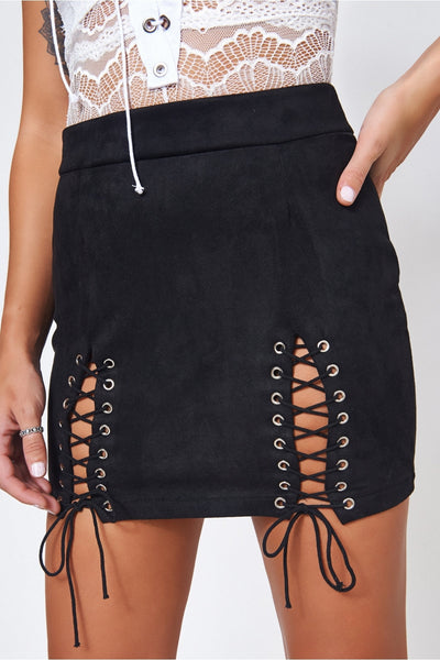 Black Suede Lace Up Mini Skirt