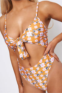 Siana Daisy Print Yellow Tie Front Swimsuit