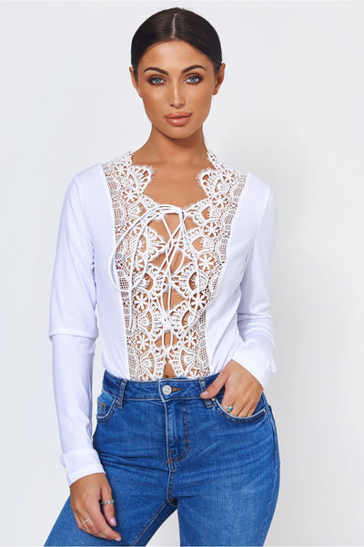 White Crochet Lace Up Bodysuit