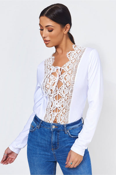 White Crochet Lace Up Bodysuit