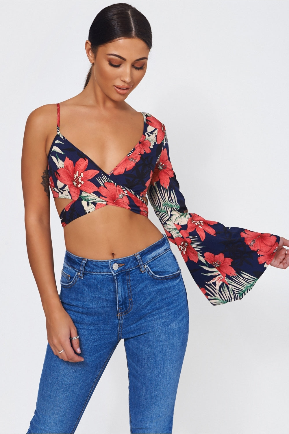 Nica Pink Floral Tropical Print Tie Front Crop Top