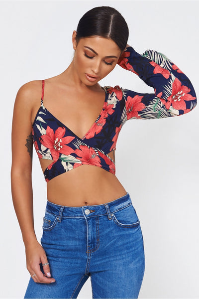 Nica Pink Floral Tropical Print Tie Front Crop Top