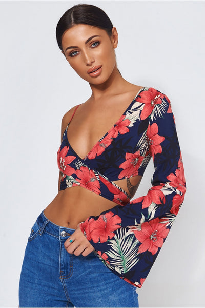 Nica Pink Floral Tropical Print Tie Front Crop Top