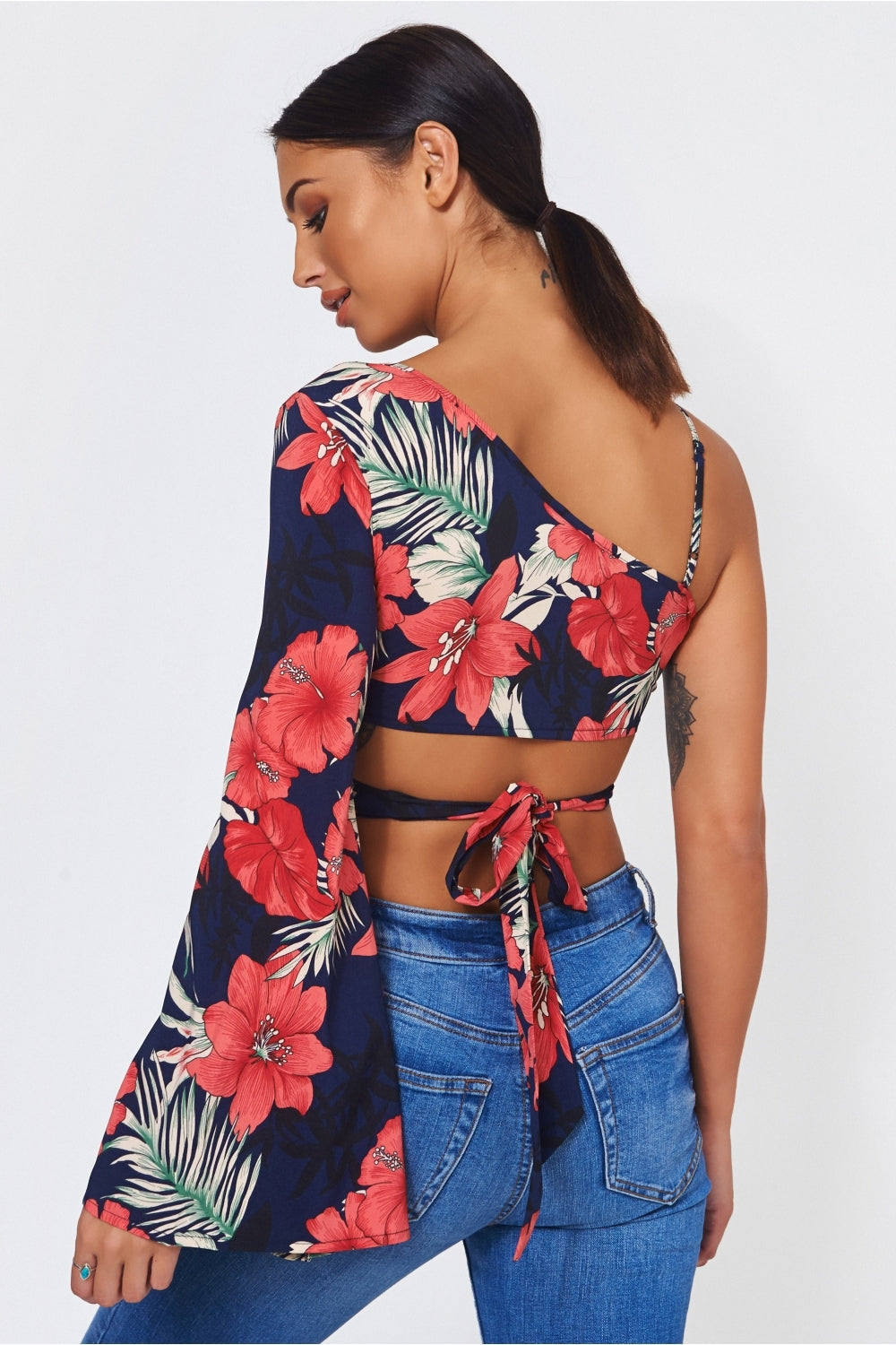 Nica Pink Floral Tropical Print Tie Front Crop Top