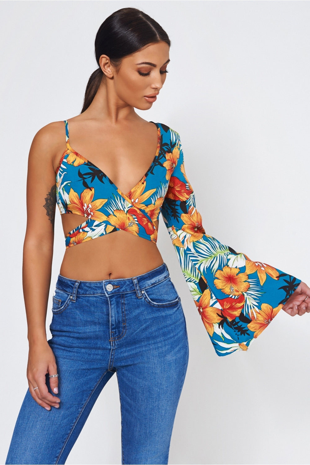 Nica Orange Floral Tropical Print Tie Front Crop Top