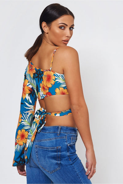 Nica Orange Floral Tropical Print Tie Front Crop Top