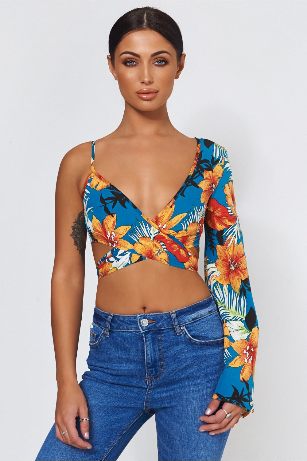 Nica Orange Floral Tropical Print Tie Front Crop Top