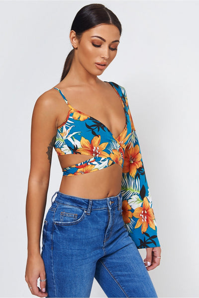 Nica Orange Floral Tropical Print Tie Front Crop Top