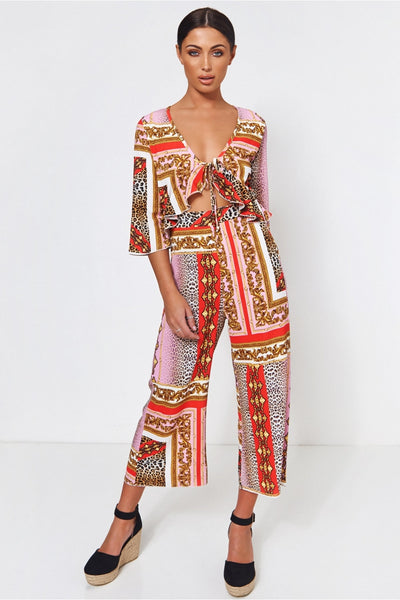 Brion Pink Baroque Print Frill Jumpsuit