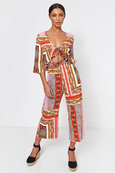 Brion Pink Baroque Print Frill Jumpsuit