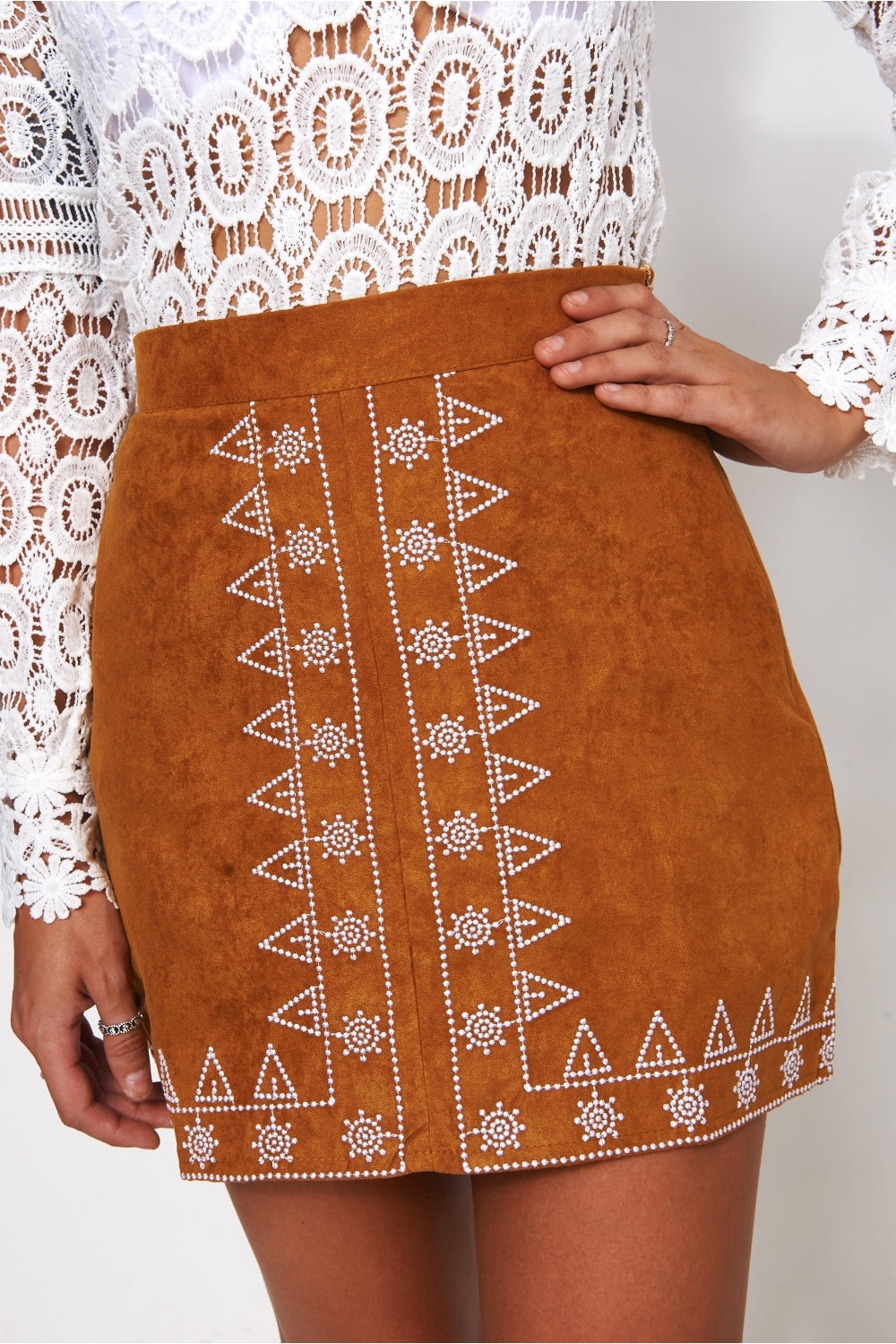 Lilly Tan Embroidered Suede Skirt