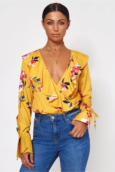 Raye Yellow Floral Frill Bodysuit