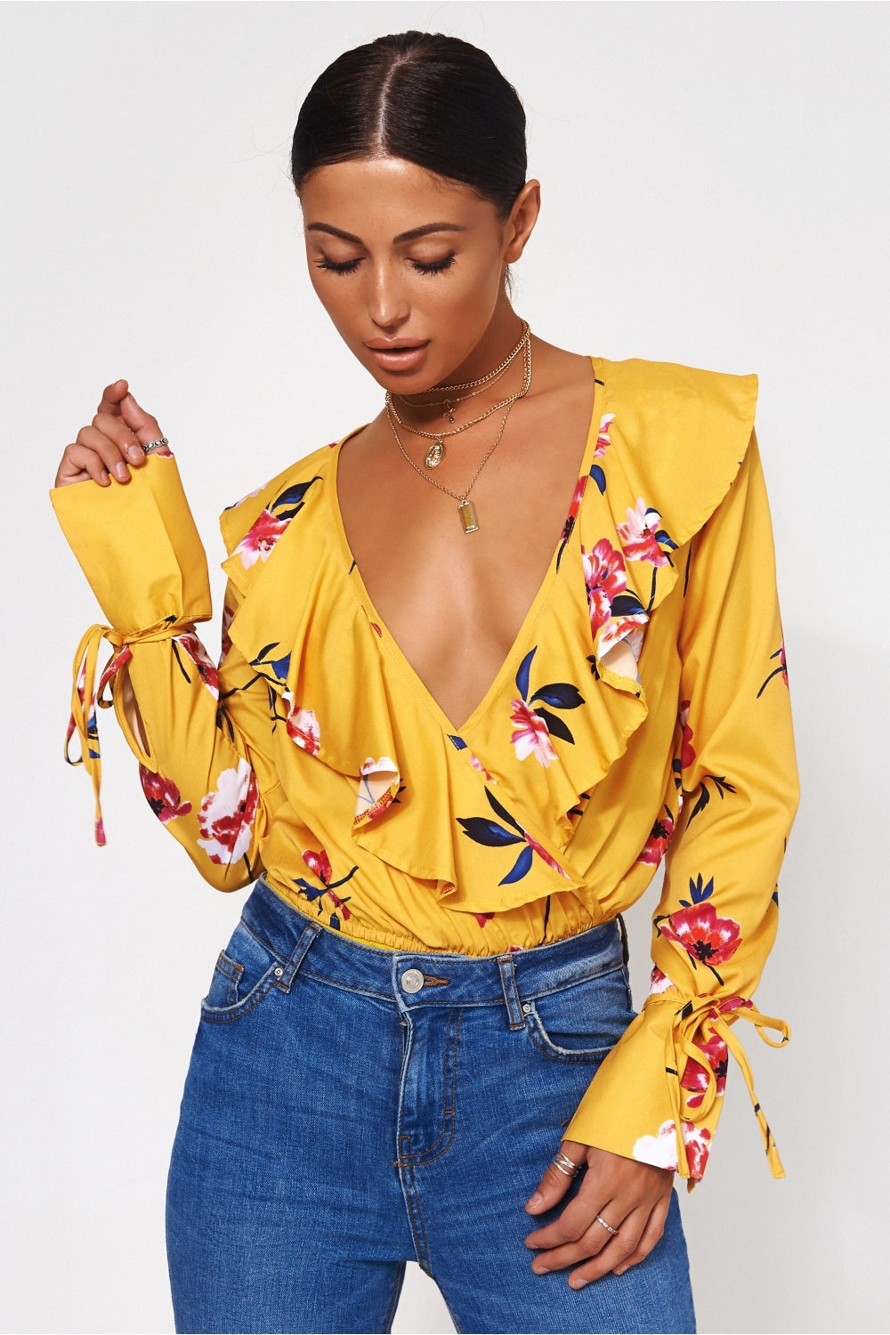 Raye Yellow Floral Frill Bodysuit