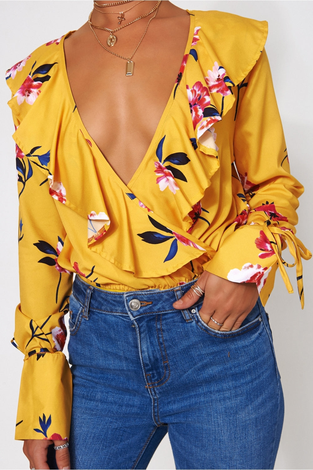 Raye Yellow Floral Frill Bodysuit