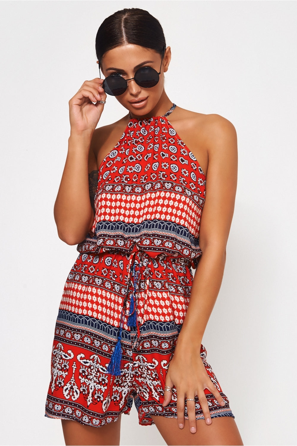 Uscher Red Bohemian Print Playsuit