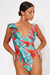 Eloisse Red Tropical Frill Swimsuit