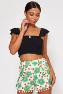 Green & White Daisy Pom Pom Shorts