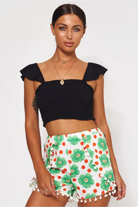 Green & White Daisy Pom Pom Shorts