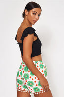 Green & White Daisy Pom Pom Shorts