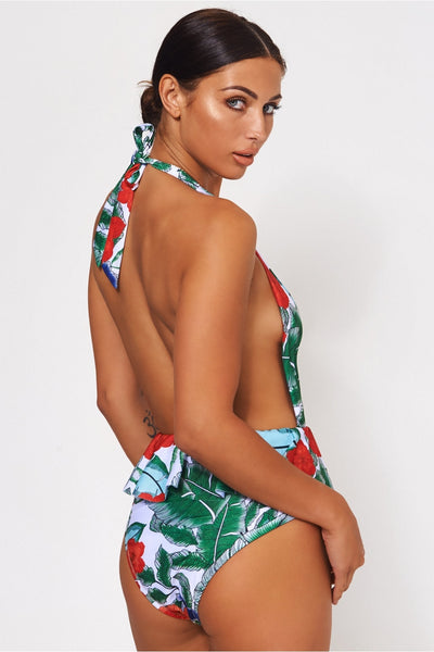 Red Backless Tropical Print Swimsuit