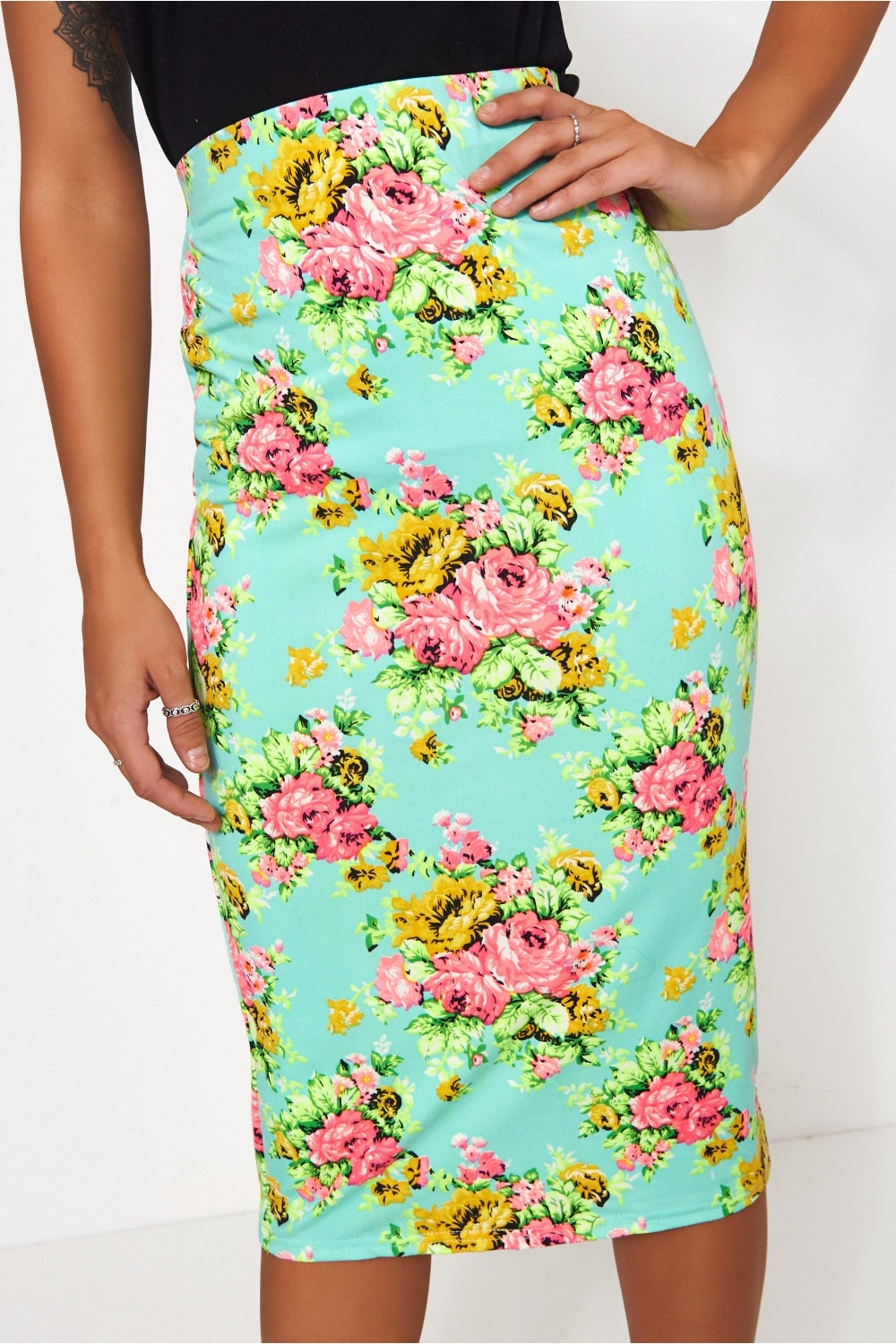 Green & Pink Floral Bodycon Skirt