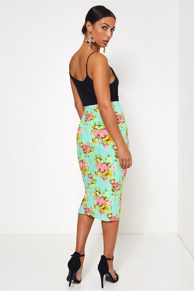 Green & Pink Floral Bodycon Skirt