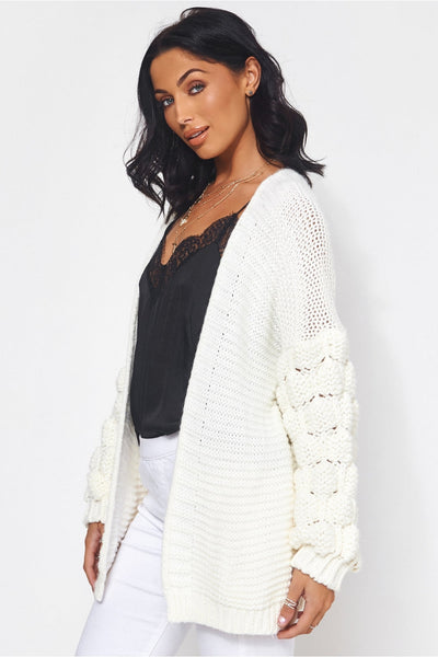 Alessa White Pom Sleeve Cardigan