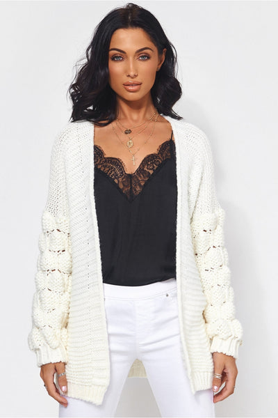 Alessa White Pom Sleeve Cardigan