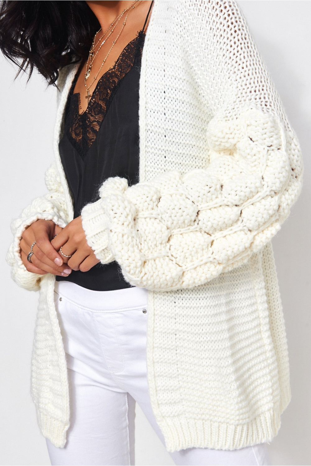 Alessa White Pom Sleeve Cardigan