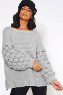 Grey Chunky Knit Pom Sleeve Jumper