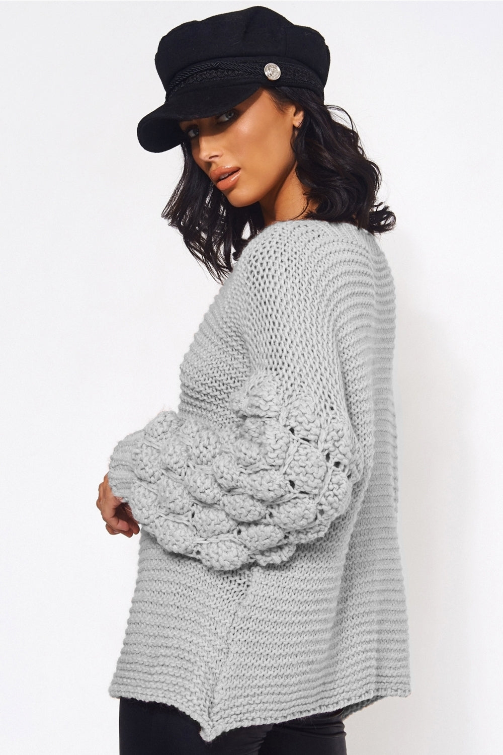 Grey Chunky Knit Pom Sleeve Jumper