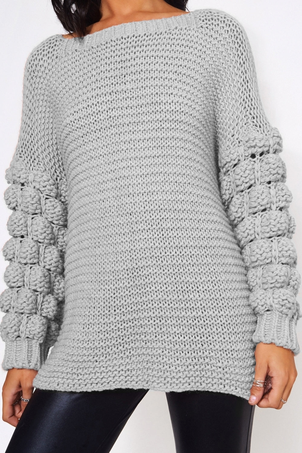 Grey Chunky Knit Pom Sleeve Jumper