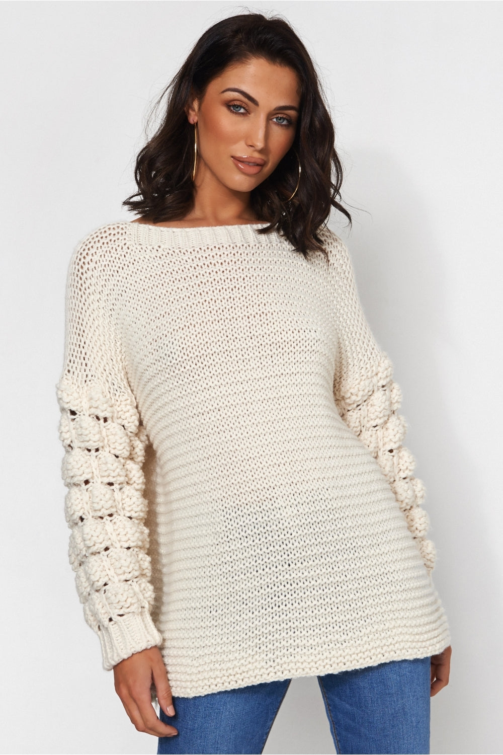 Beige Chunky Knit Pom Sleeve Jumper