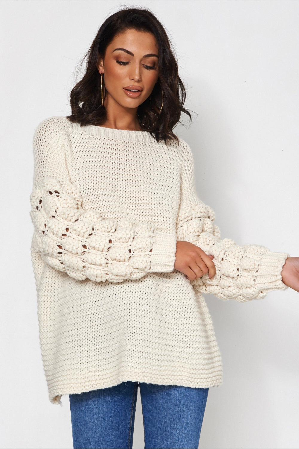 Beige Chunky Knit Pom Sleeve Jumper