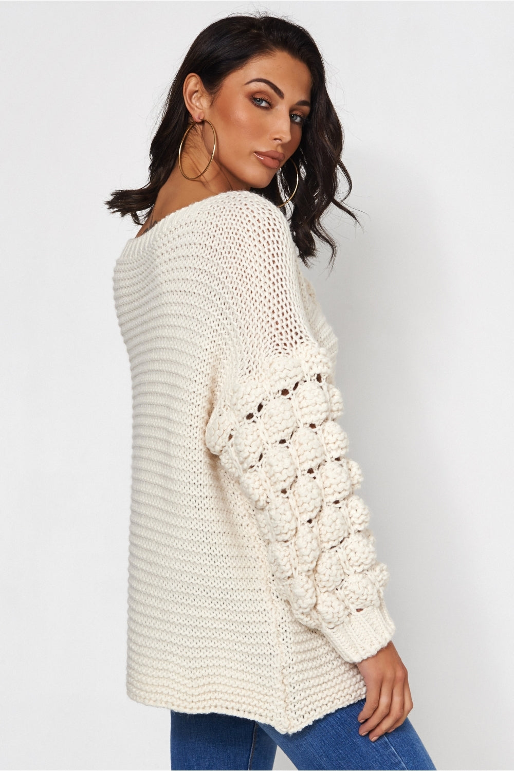 Beige Chunky Knit Pom Sleeve Jumper