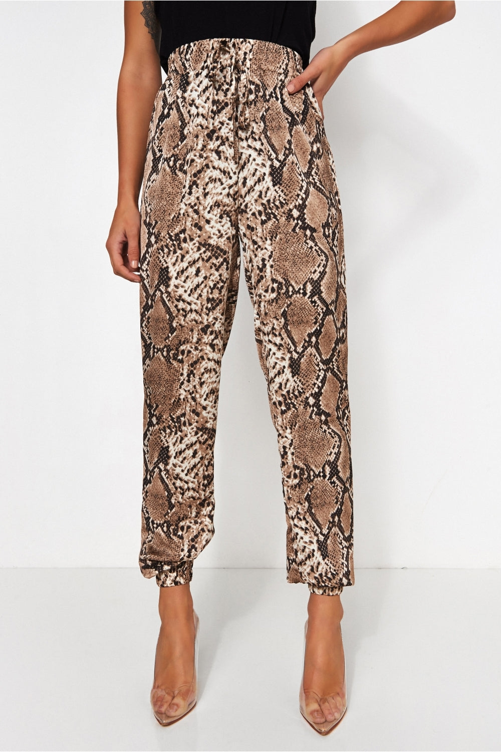 Beige Snakeskin Tie Waist Trousers