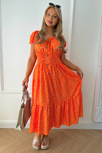 Sian Orange Polka Dot Button Maxi Dress