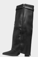 Black Faux Leather Fold Over Knee High Boots