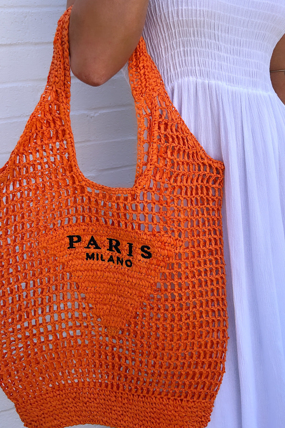 Paris Milano Orange Crochet Straw Tote Bag