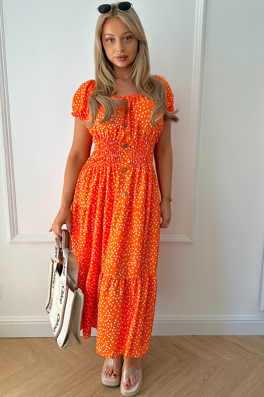 Sian Orange Polka Dot Button Maxi Dress