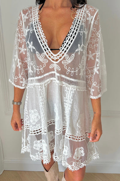 Jane White Floral Lace Kaftan