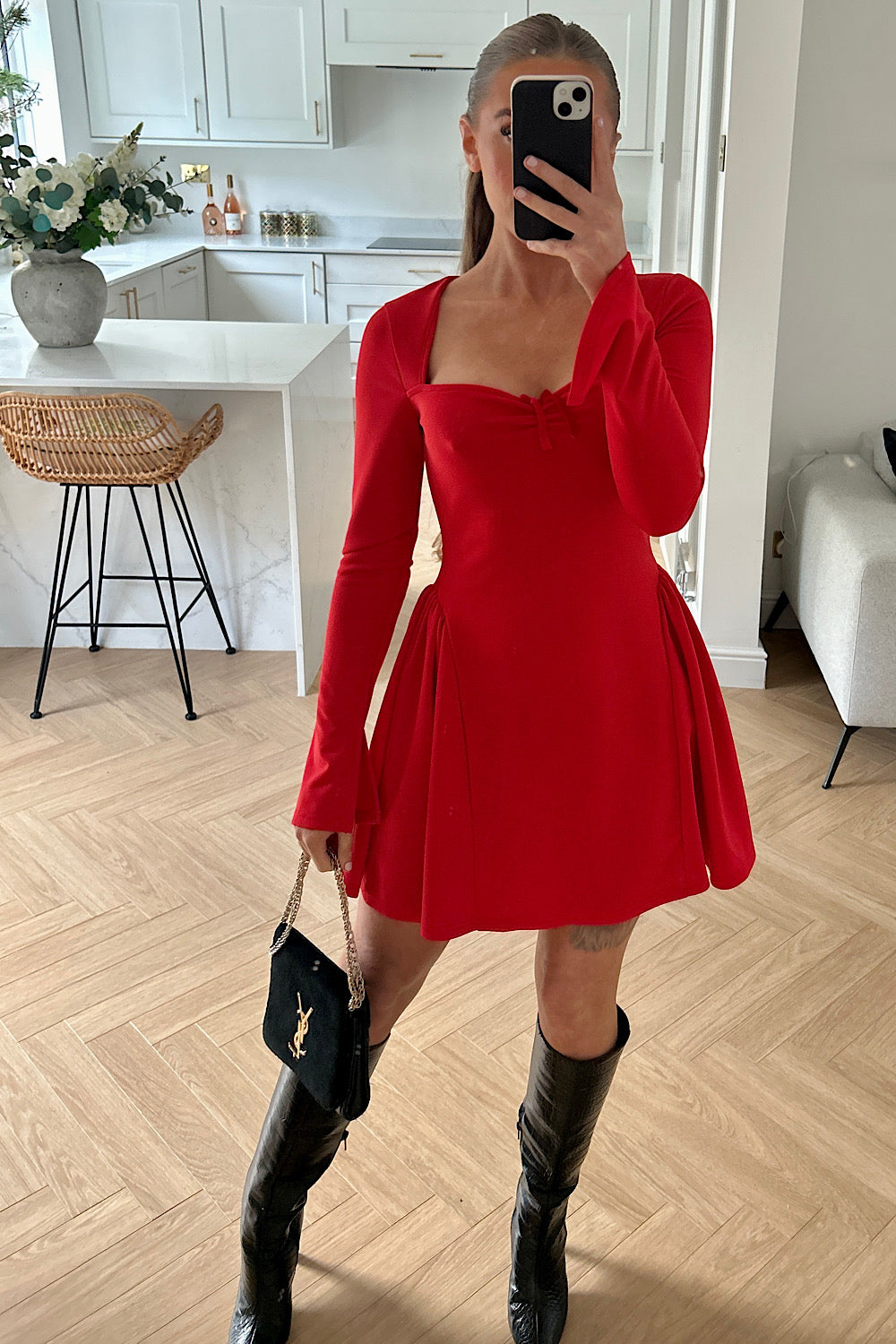 Kylie Red Bow Long Sleeve Mini Dress