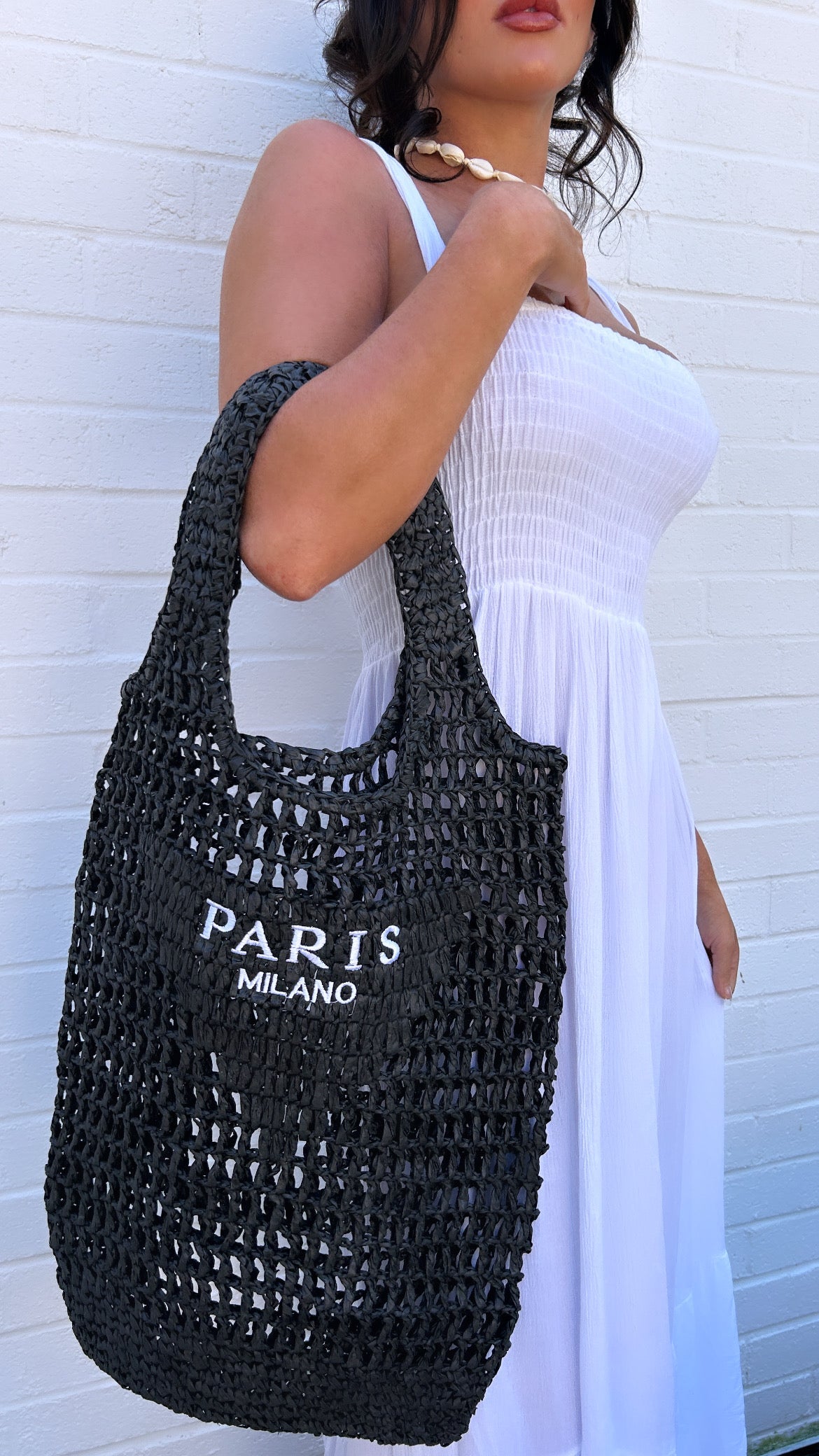 Paris Milano Black Crochet Straw Tote Bag