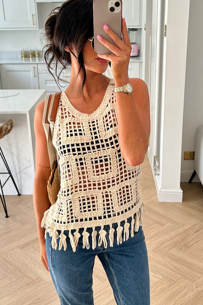 Cassie Beige Crochet Tassel Vest Top