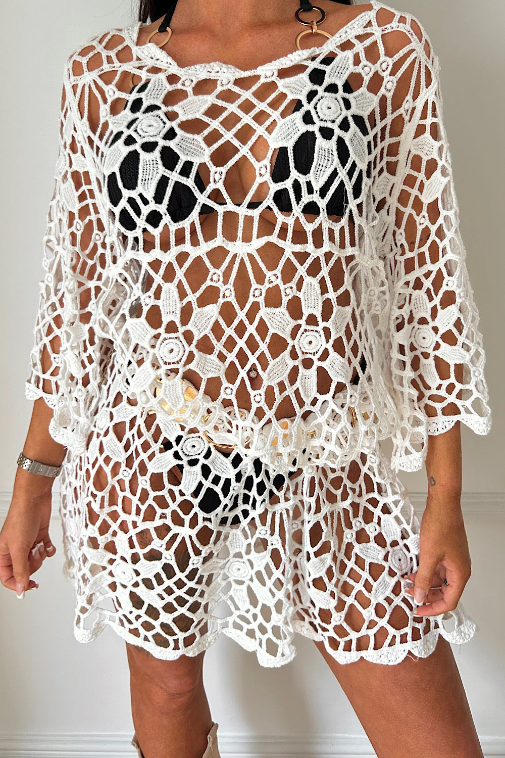 Belle White Crochet Floral Dress