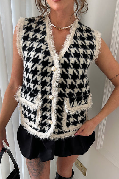 Megan Dogtooth Sleeveless Button Vest