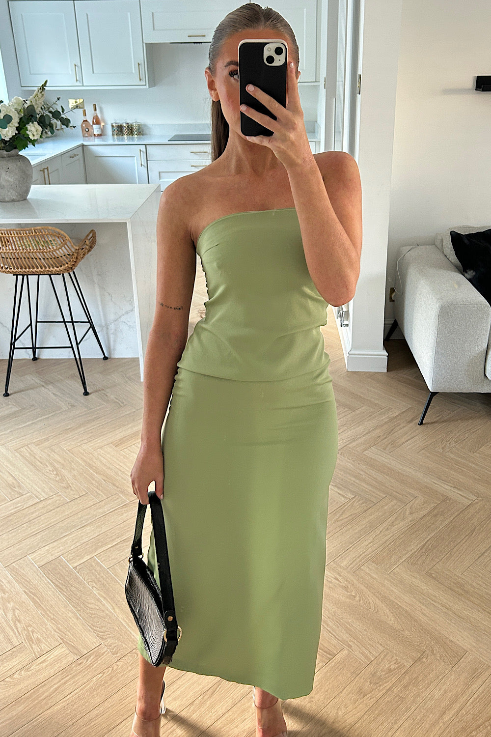 Eloise Sage Green Bandeau Strapless Maxi Dress