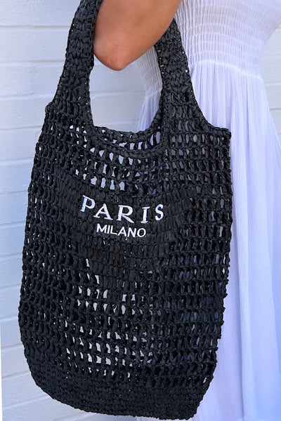 Paris Milano Black Crochet Straw Tote Bag